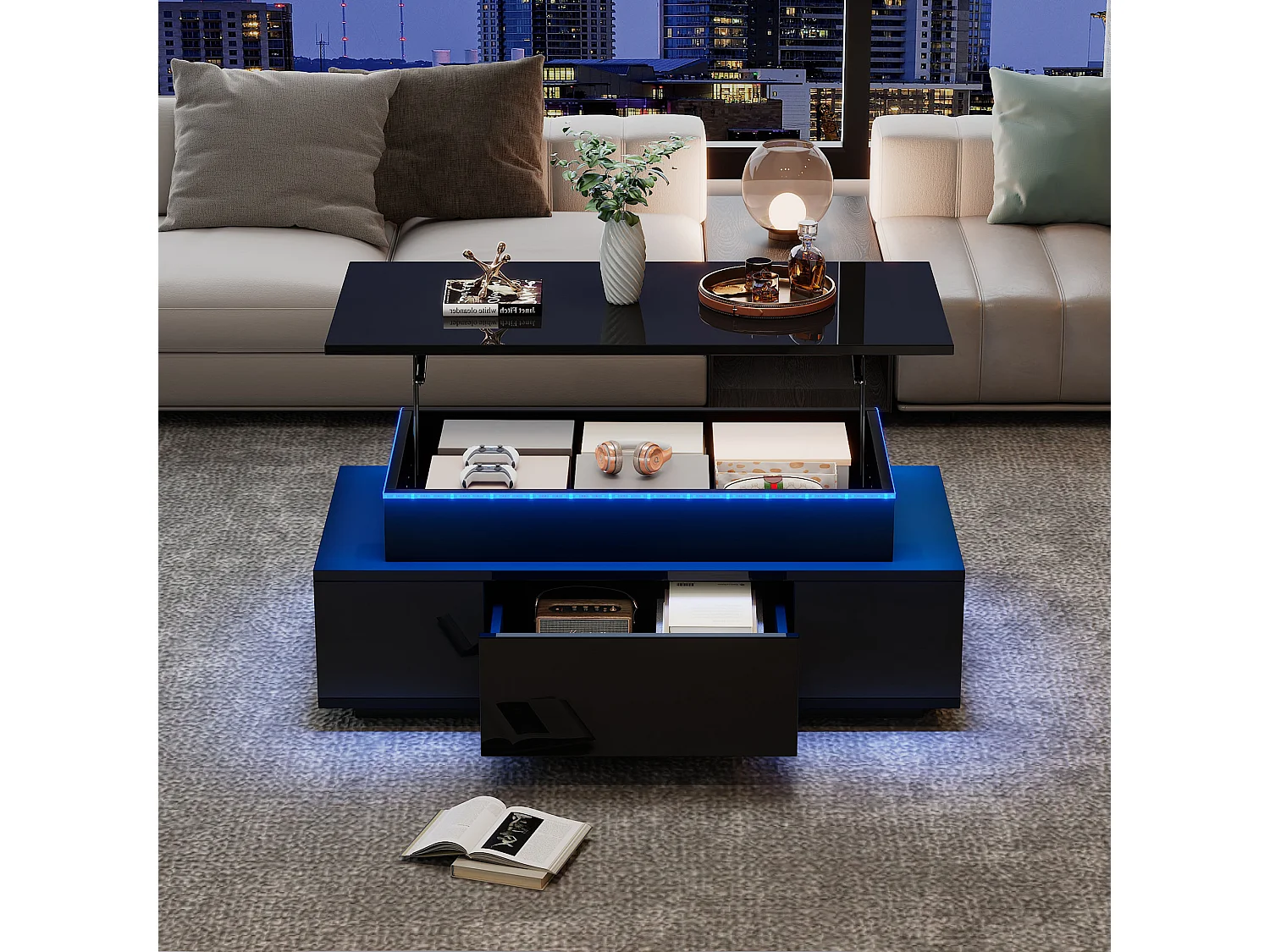 Lift-top coffee table 100x50x40 cm - with 2 drawers - LED lighting - High-gloss lacquer finish - Particleboard - Black