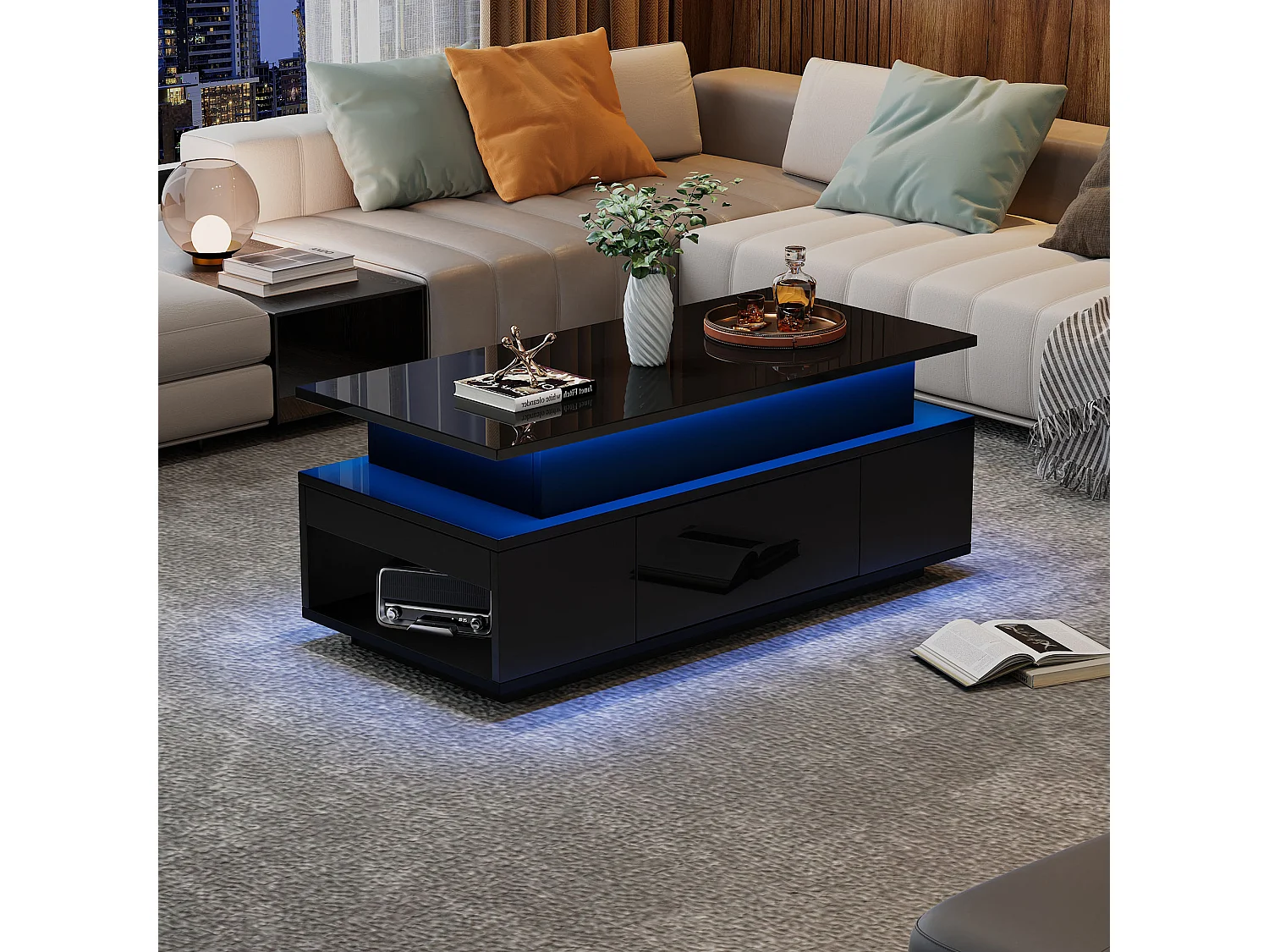 Lift-top coffee table 100x50x40 cm - with 2 drawers - LED lighting - High-gloss lacquer finish - Particleboard - Black
