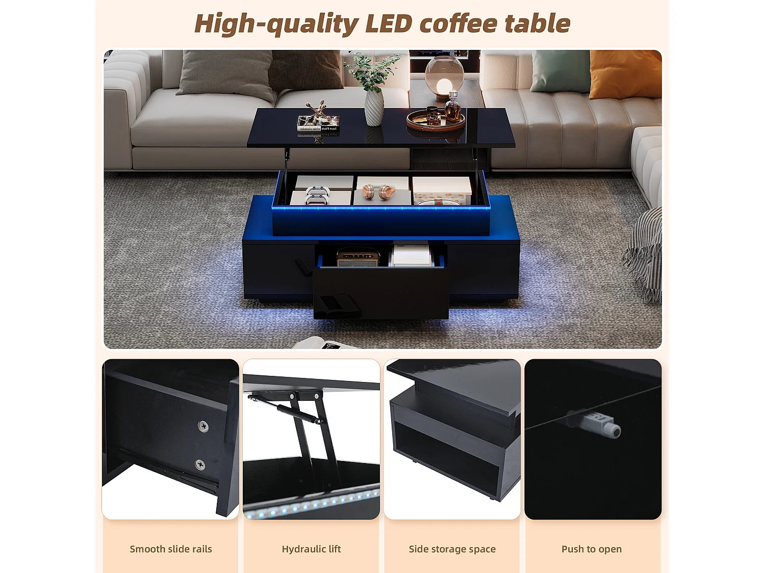 Lift-top coffee table 100x50x40 cm - with 2 drawers - LED lighting - High-gloss lacquer finish - Particleboard - Black