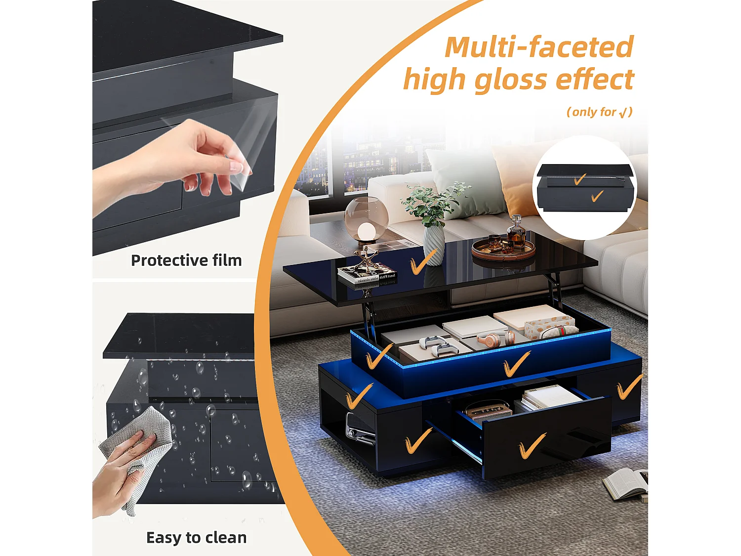 Lift-top coffee table 100x50x40 cm - with 2 drawers - LED lighting - High-gloss lacquer finish - Particleboard - Black