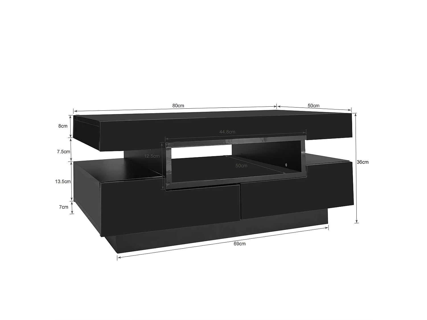 Coffee table with LED lighting - glossy finish - 4 drawers (front and back) - Black