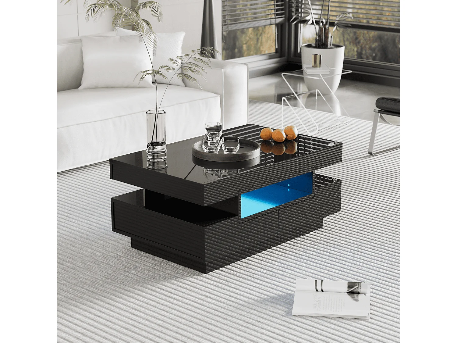 Coffee table with LED lighting - glossy finish - 4 drawers (front and back) - Black