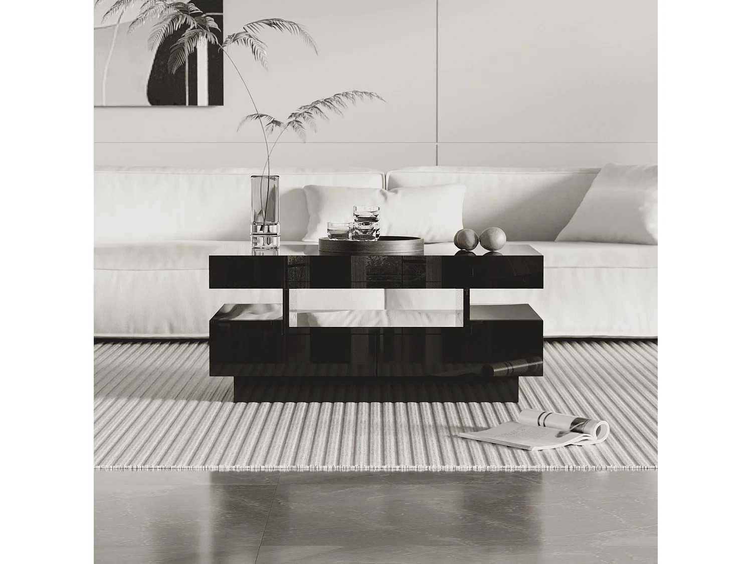 Coffee table with LED lighting - glossy finish - 4 drawers (front and back) - Black