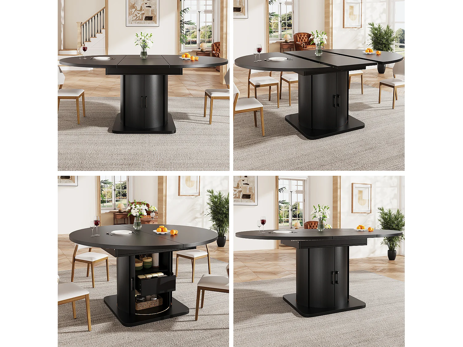Table de salle à manger extensible - 118-158 x 118 x 76 cm - avec portes + tiroirs - MDF - noir