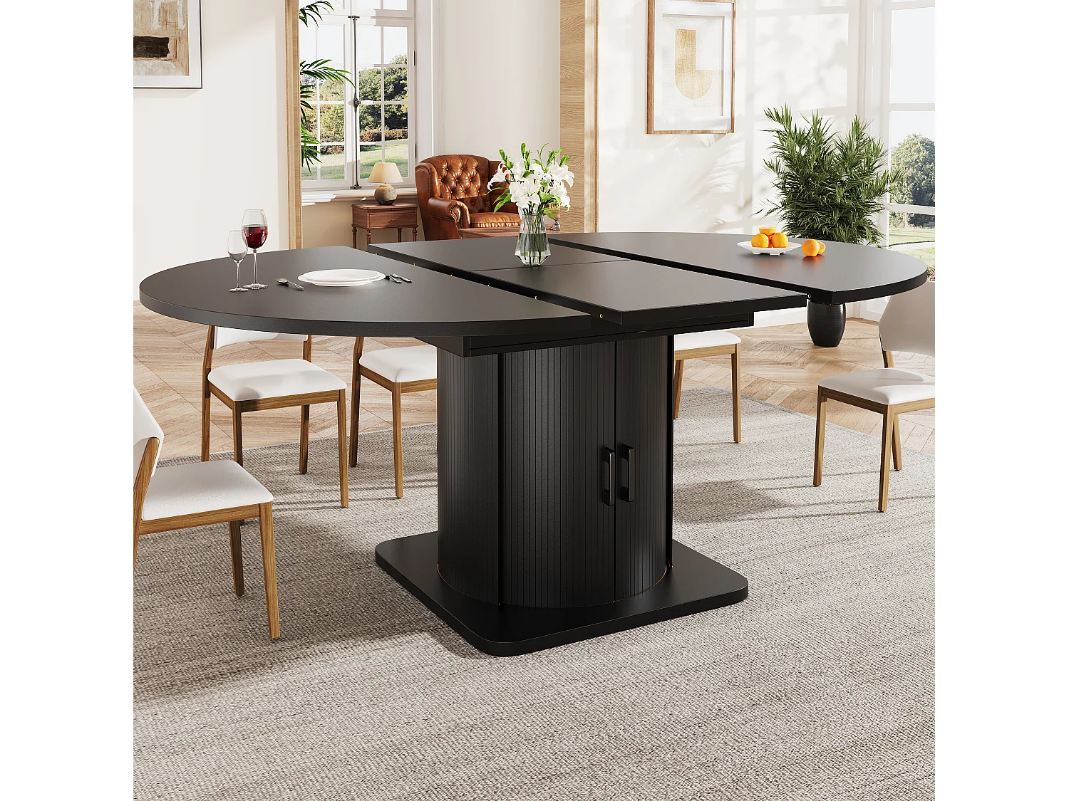 Table de salle à manger extensible - 118-158 x 118 x 76 cm - avec portes + tiroirs - MDF - noir