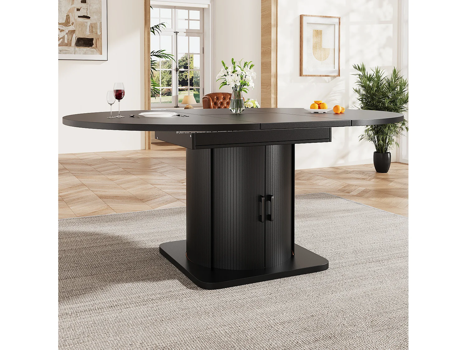 Table de salle à manger extensible - 118-158 x 118 x 76 cm - avec portes + tiroirs - MDF - noir
