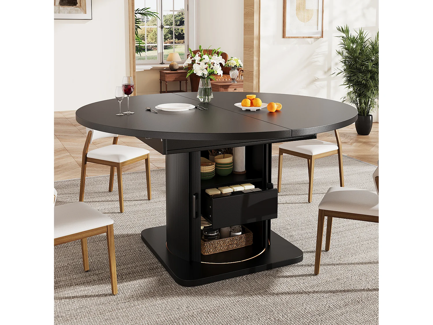 Table de salle à manger extensible - 118-158 x 118 x 76 cm - avec portes + tiroirs - MDF - noir