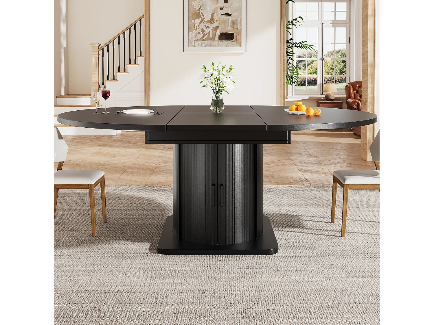 Table de salle à manger extensible - 118-158 x 118 x 76 cm - avec portes + tiroirs - MDF - noir