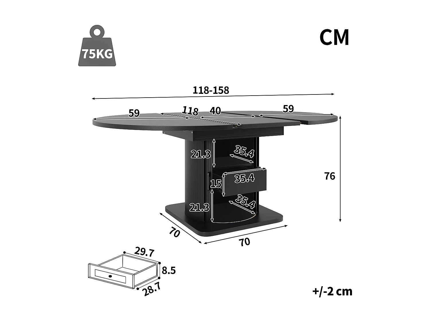 Table de salle à manger extensible - 118-158 x 118 x 76 cm - avec portes + tiroirs - MDF - noir