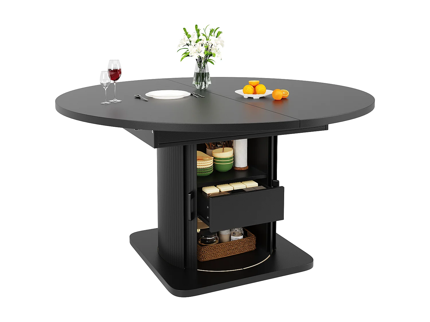 Table de salle à manger extensible - 118-158 x 118 x 76 cm - avec portes + tiroirs - MDF - noir