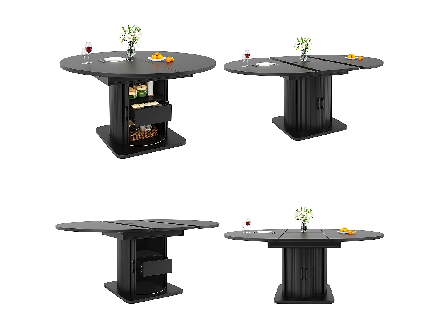 Table de salle à manger extensible - 118-158 x 118 x 76 cm - avec portes + tiroirs - MDF - noir