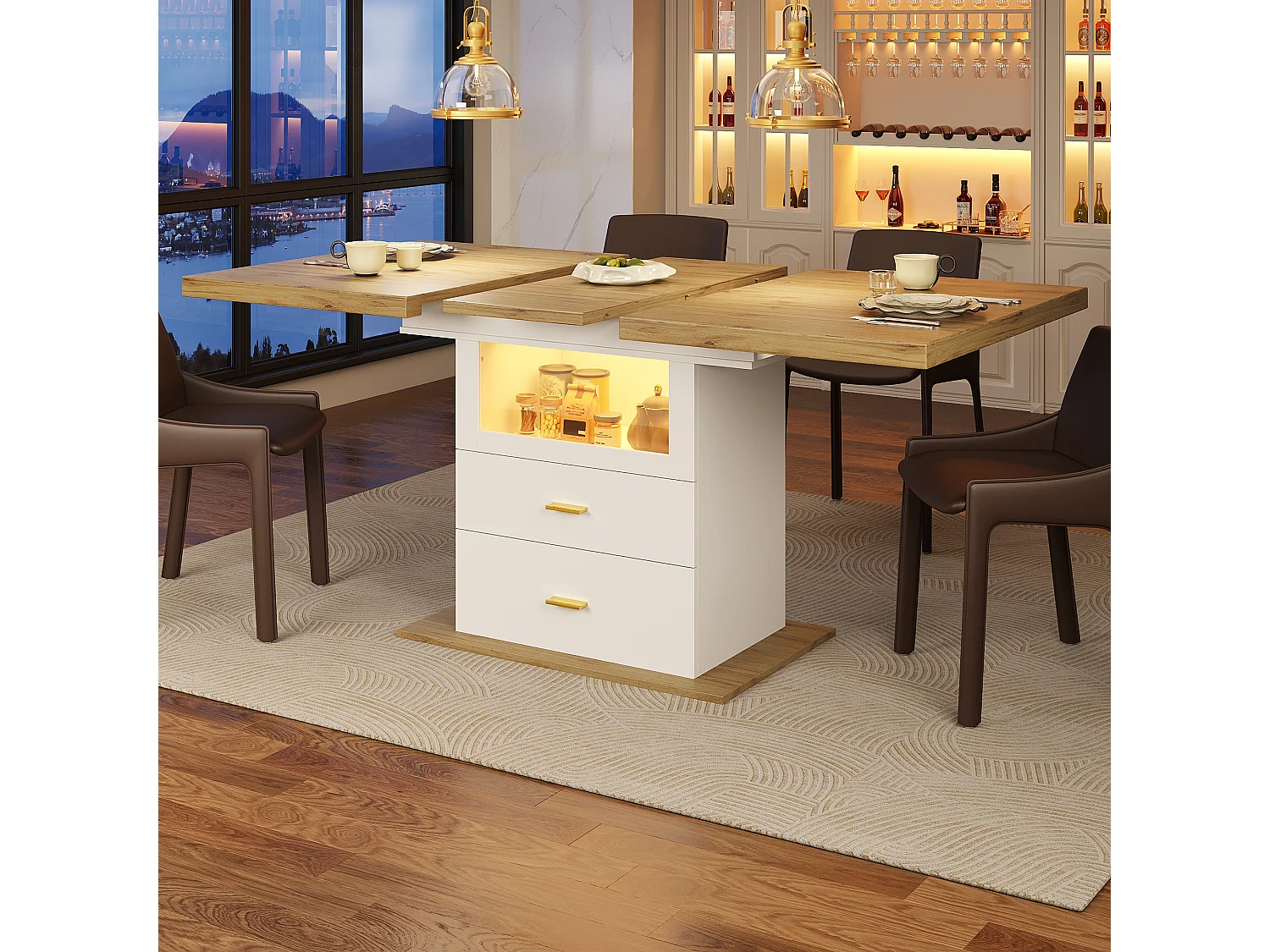 Table de salle à manger extensible - 110/140 x 80 x 75 cm - avec Leds + tiroirs + étagère - MDF - blanc