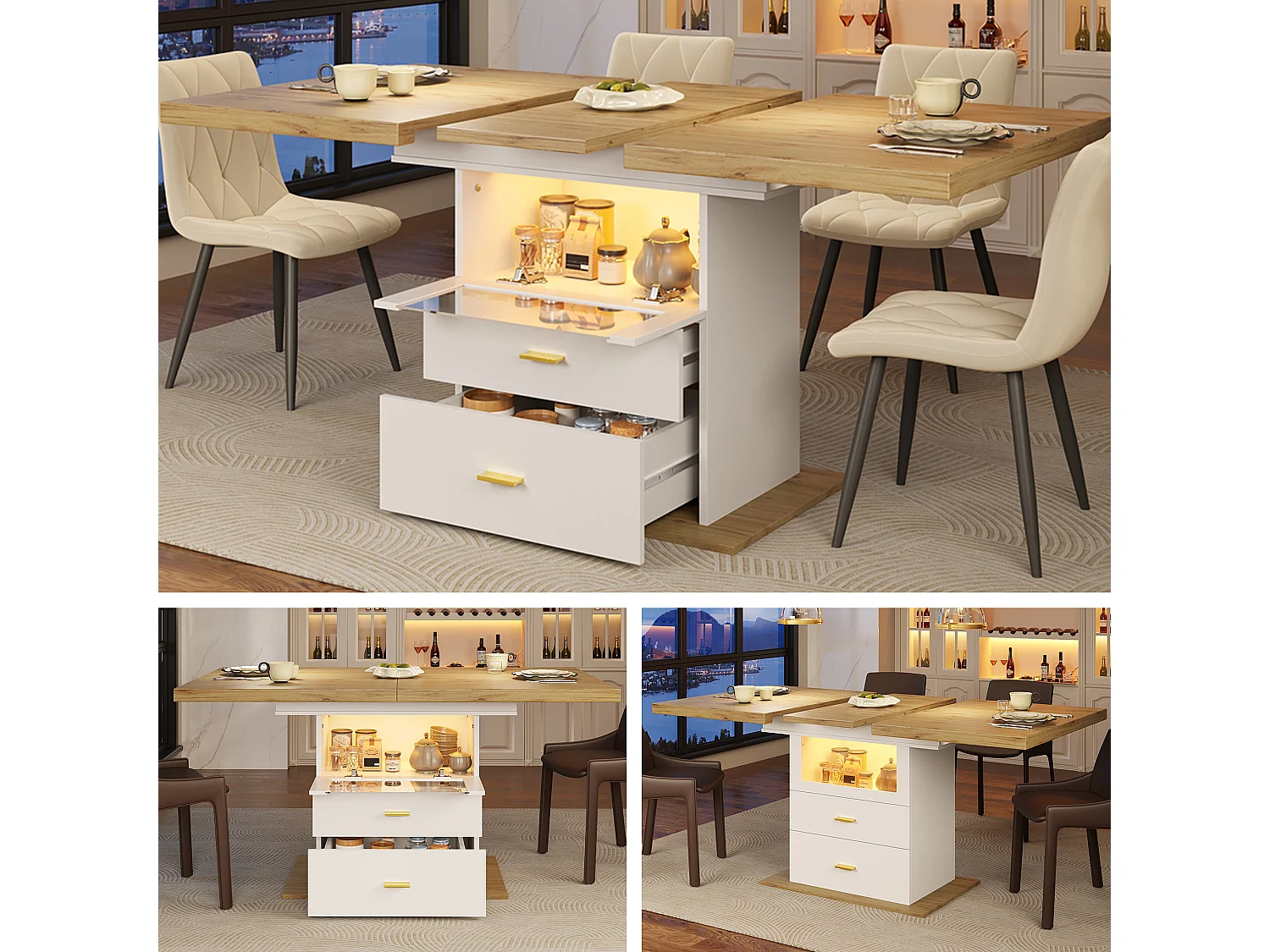 Table de salle à manger extensible - 110/140 x 80 x 75 cm - avec Leds + tiroirs + étagère - MDF - blanc