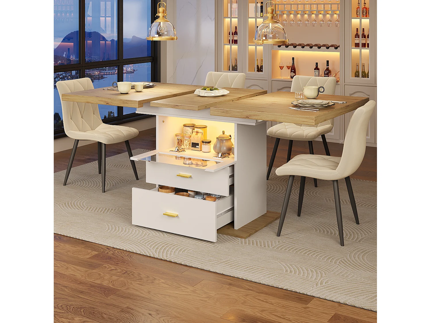 Table de salle à manger extensible - 110/140 x 80 x 75 cm - avec Leds + tiroirs + étagère - MDF - blanc