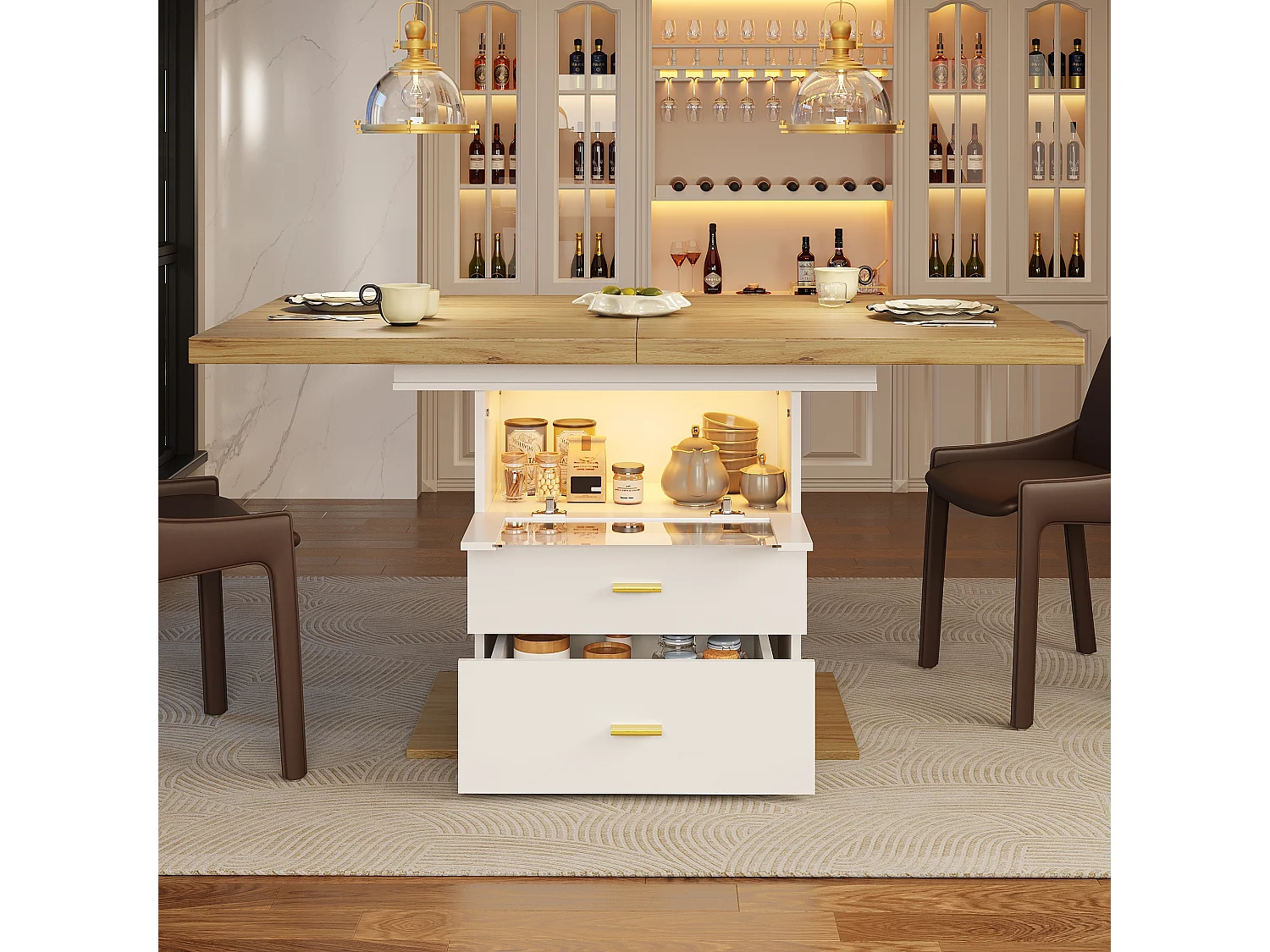 Table de salle à manger extensible - 110/140 x 80 x 75 cm - avec Leds + tiroirs + étagère - MDF - blanc
