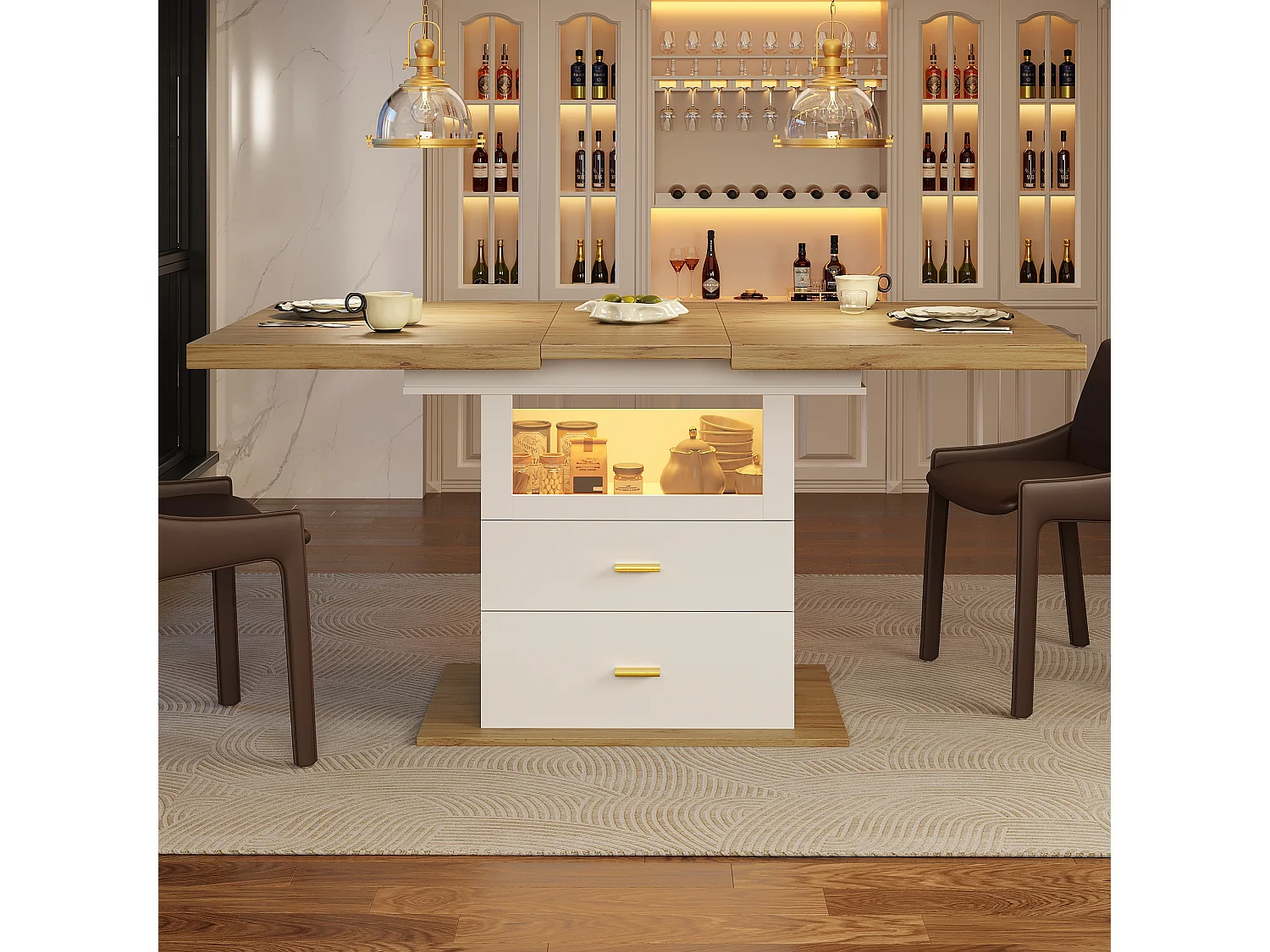 Table de salle à manger extensible - 110/140 x 80 x 75 cm - avec Leds + tiroirs + étagère - MDF - blanc