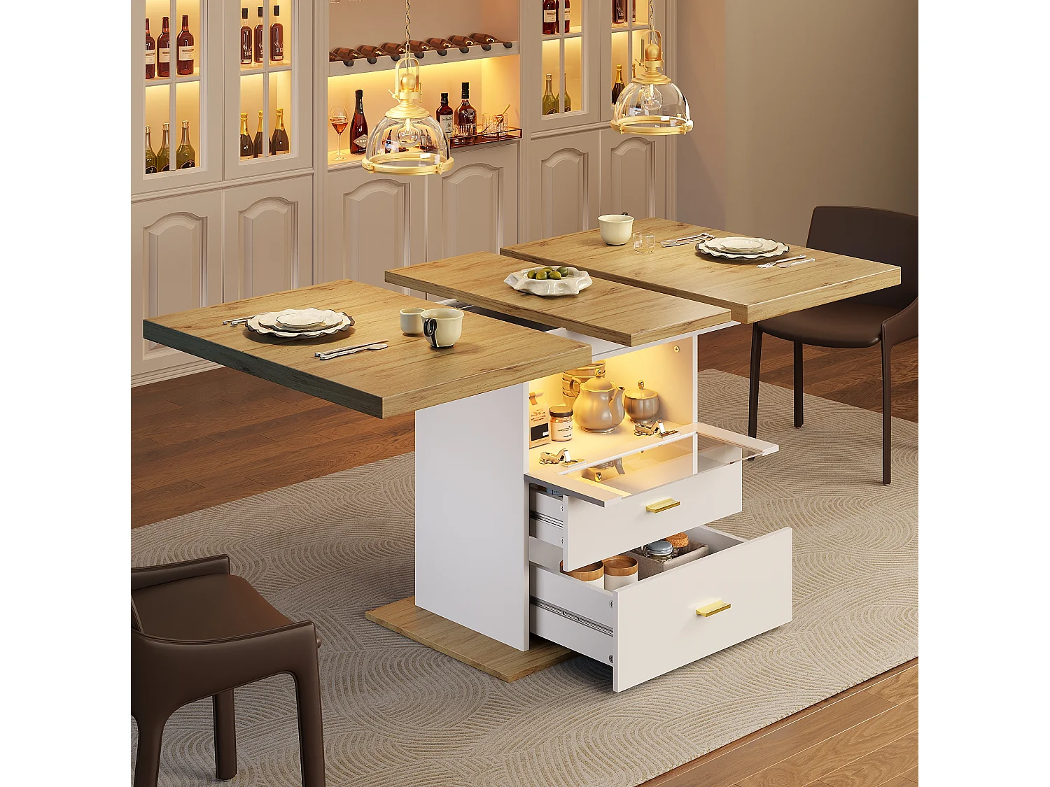 Table de salle à manger extensible - 110/140 x 80 x 75 cm - avec Leds + tiroirs + étagère - MDF - blanc