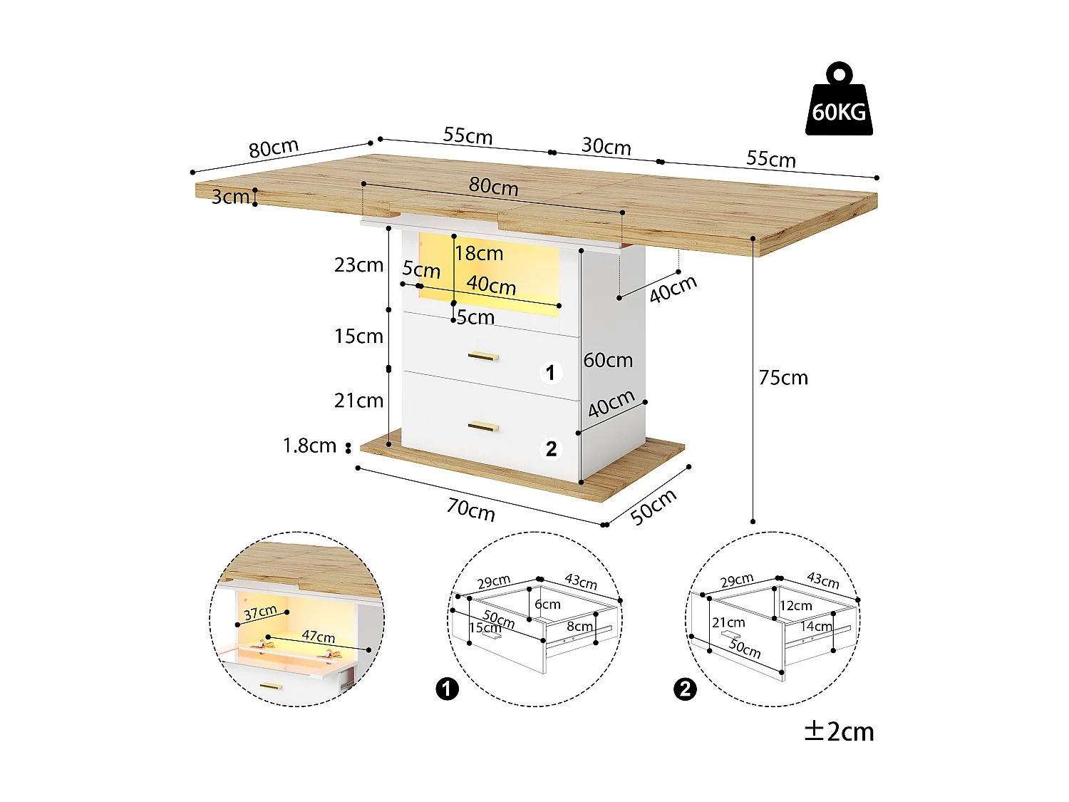 Table de salle à manger extensible - 110/140 x 80 x 75 cm - avec Leds + tiroirs + étagère - MDF - blanc