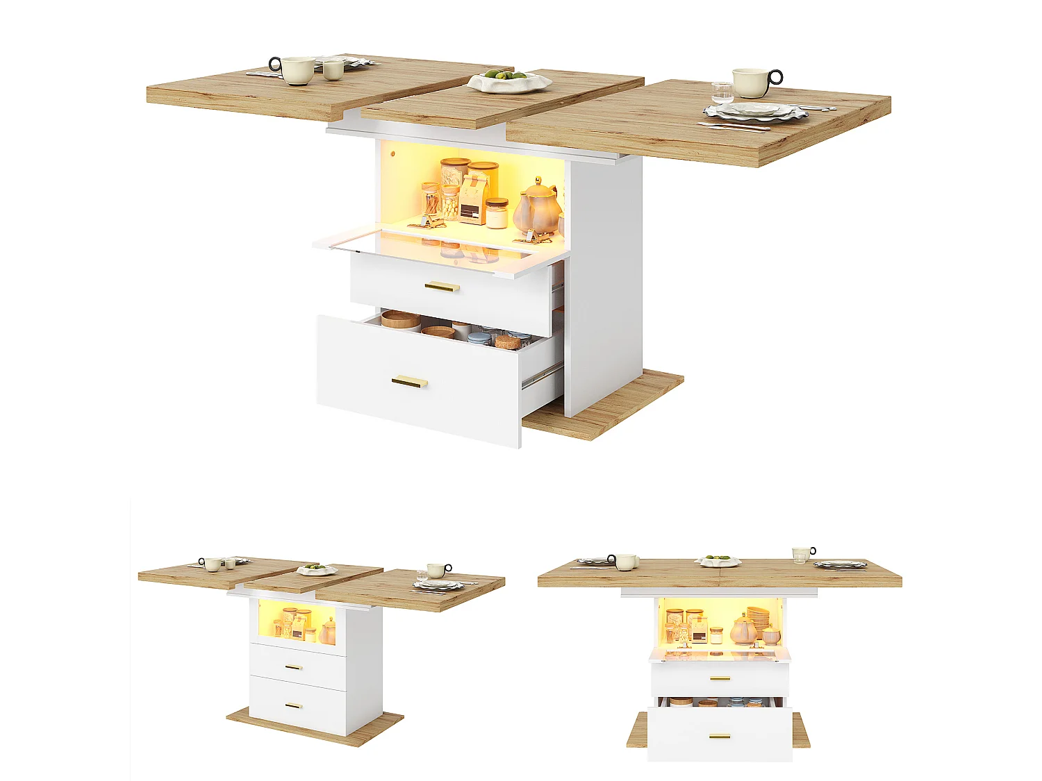 Table de salle à manger extensible - 110/140 x 80 x 75 cm - avec Leds + tiroirs + étagère - MDF - blanc