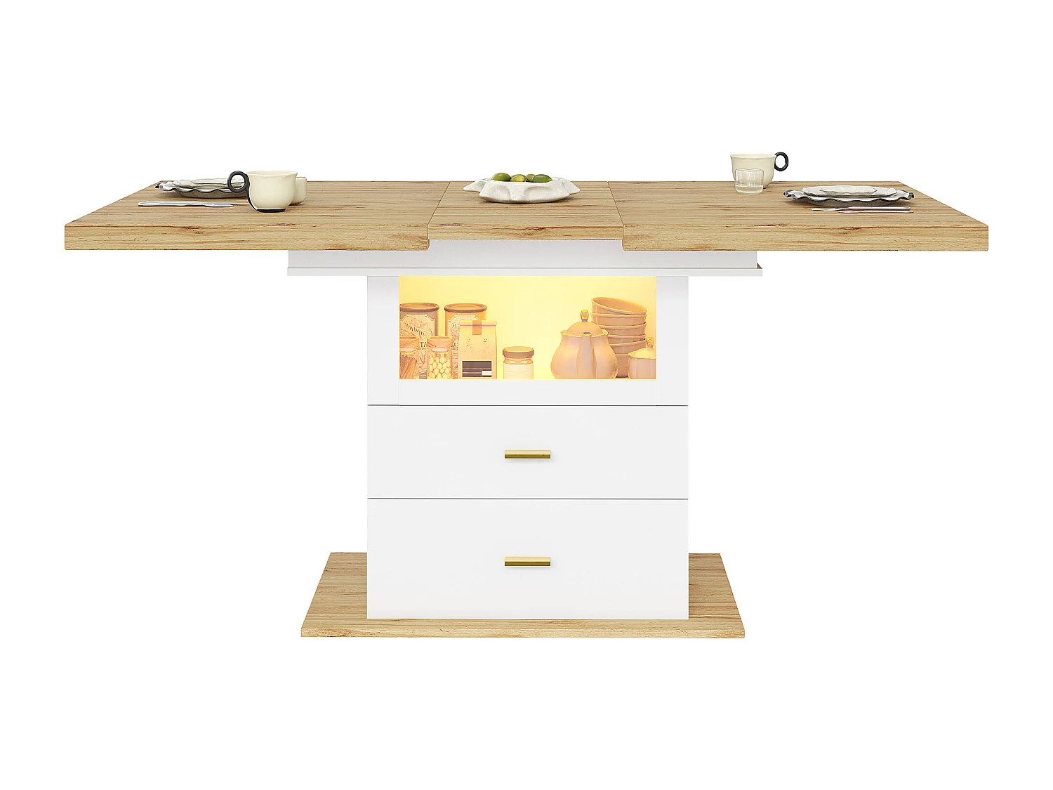 Table de salle à manger extensible - 110/140 x 80 x 75 cm - avec Leds + tiroirs + étagère - MDF - blanc