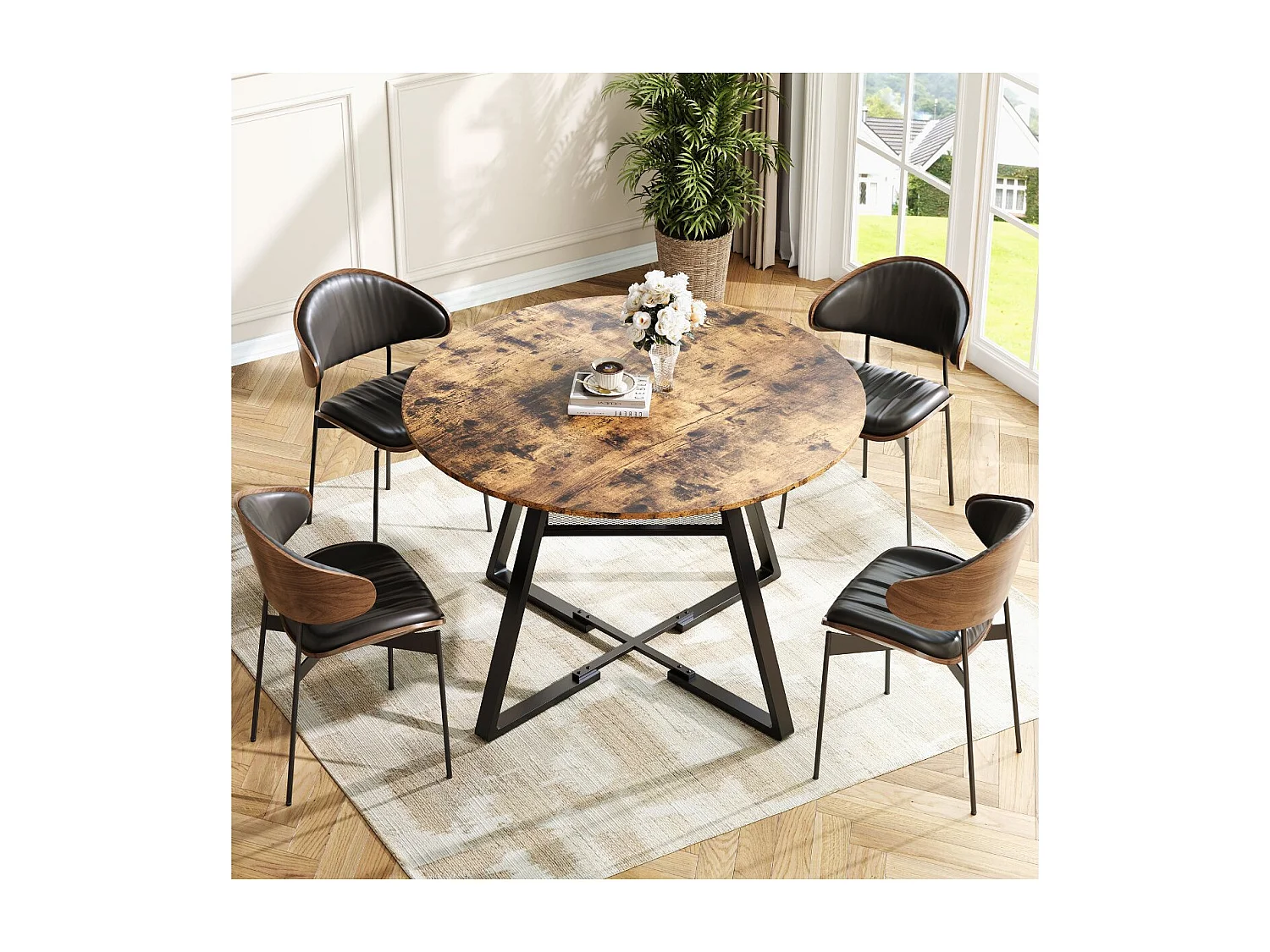 Table à Manger Ronde pour 4-6 Personnes, Design Industriel avec Pieds en Métal Noir, Surface en Bois