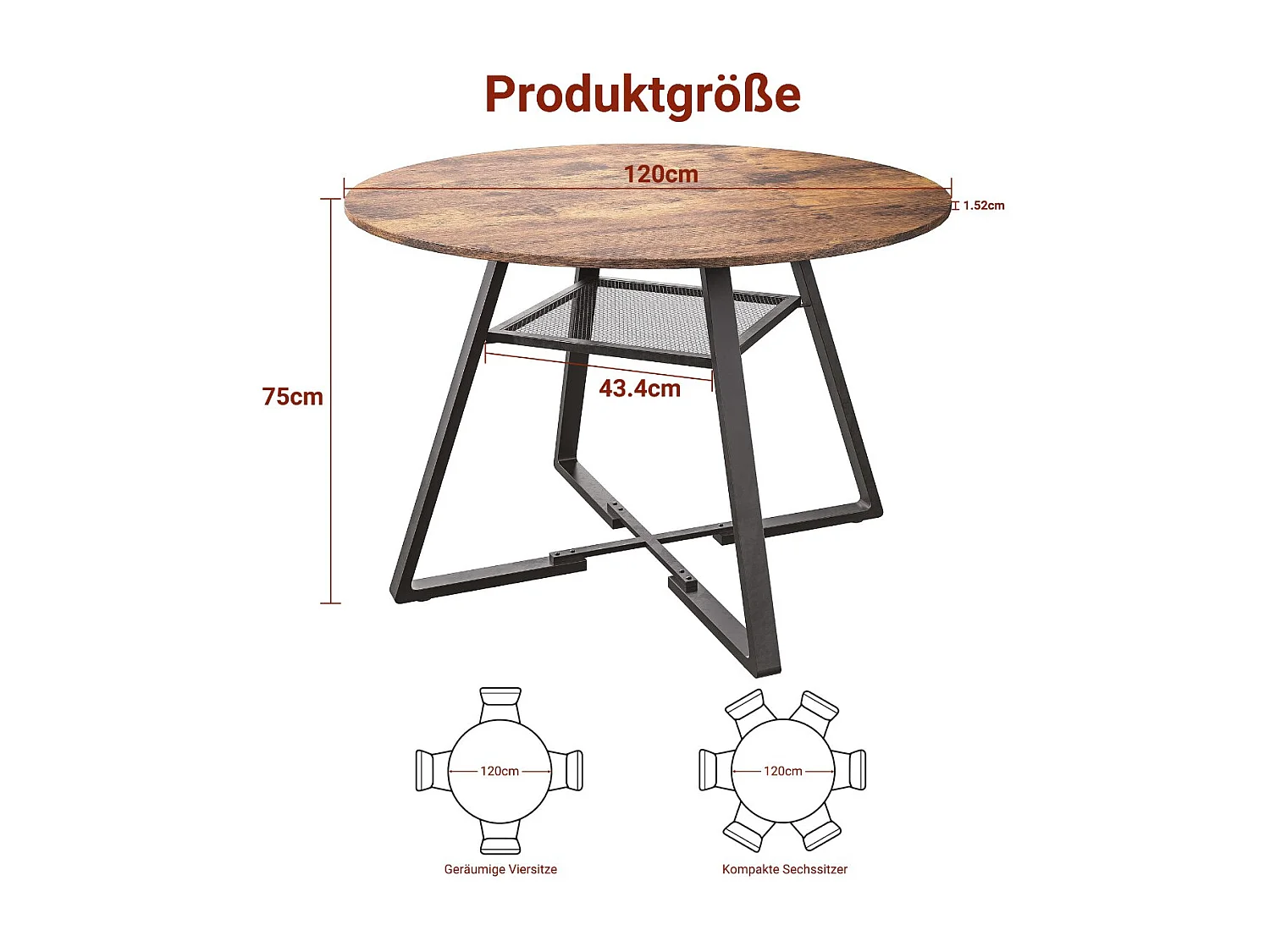 Table à Manger Ronde pour 4-6 Personnes, Design Industriel avec Pieds en Métal Noir, Surface en Bois