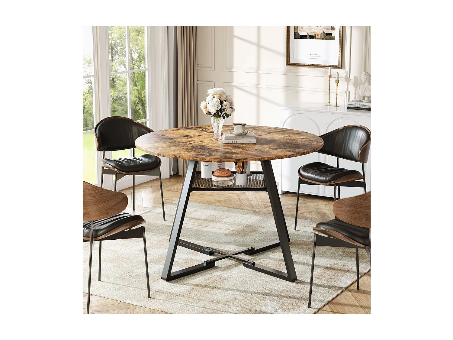 Table à Manger Ronde pour 4-6 Personnes, Design Industriel avec Pieds en Métal Noir, Surface en Bois