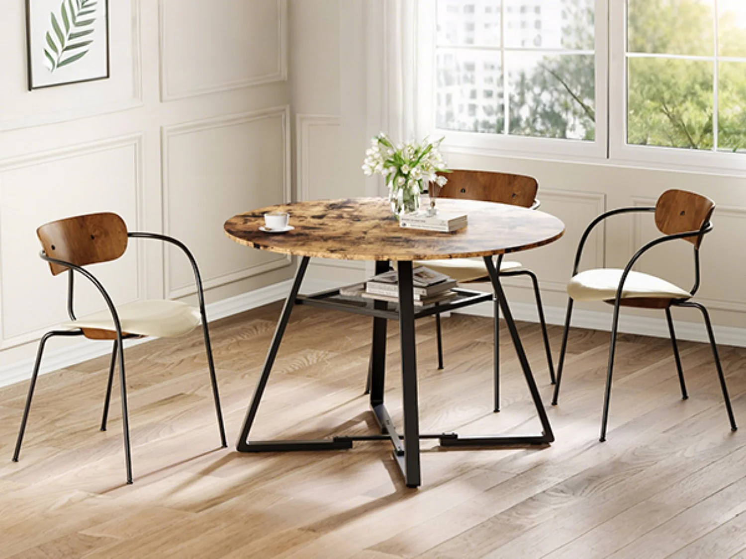 Table à Manger Ronde pour 4-6 Personnes, Design Industriel avec Pieds en Métal Noir, Surface en Bois