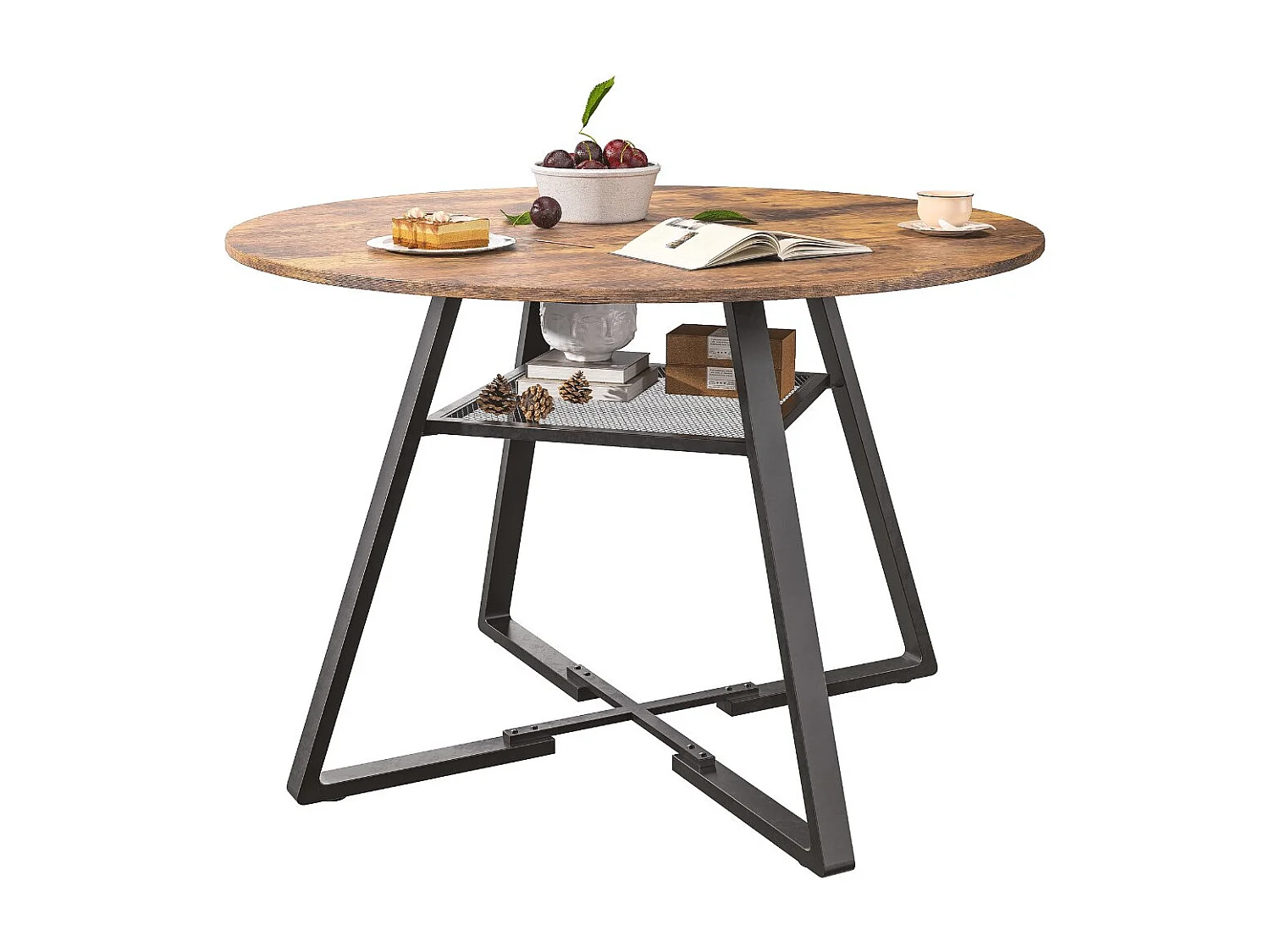 Table à Manger Ronde pour 4-6 Personnes, Design Industriel avec Pieds en Métal Noir, Surface en Bois