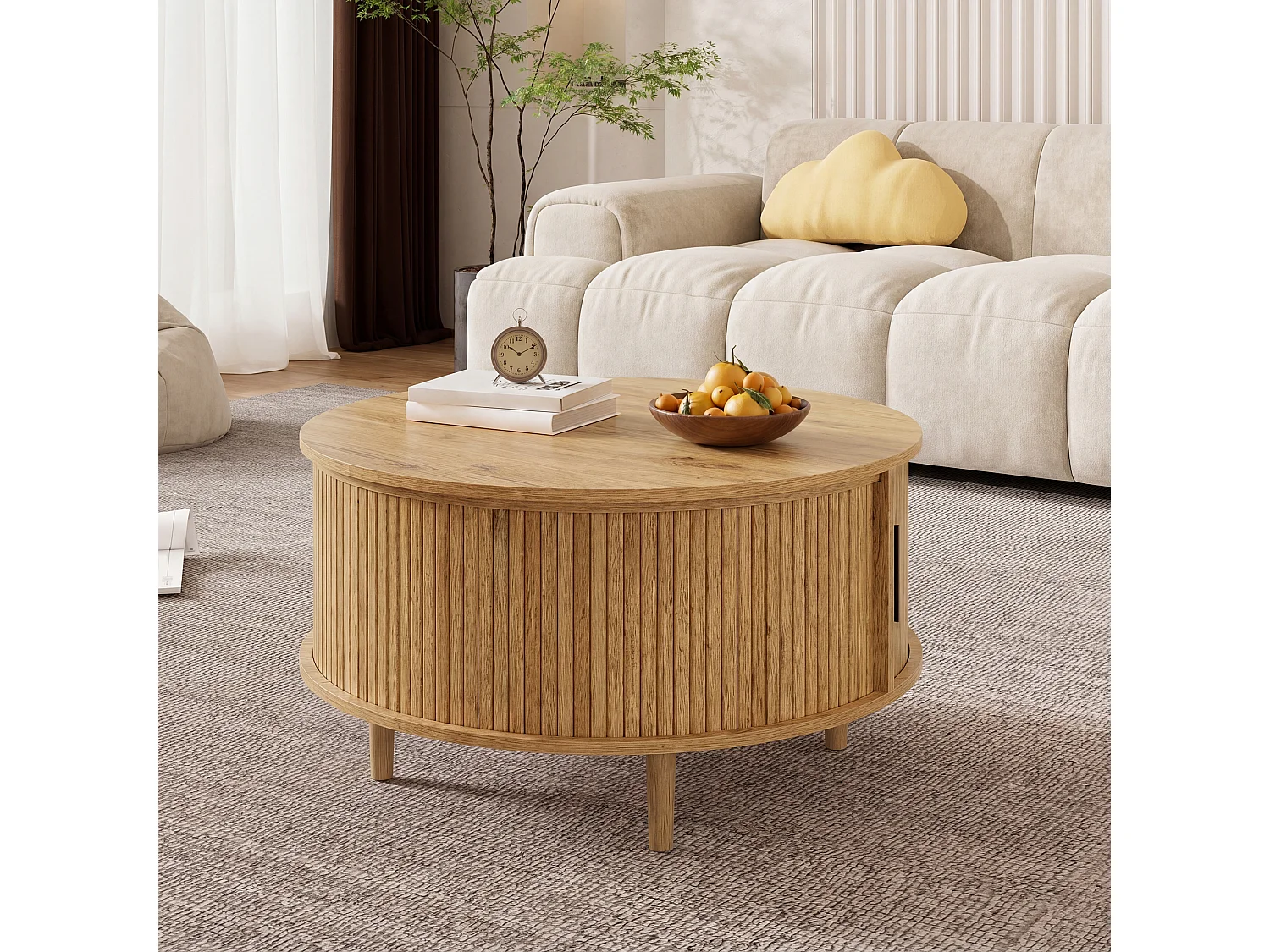 Runder Couchtisch mit Hebemechanismus für das Wohnzimmer – 80 x 80 x 59 cm – mit Schiebetür und Stauraum – MDF – natur