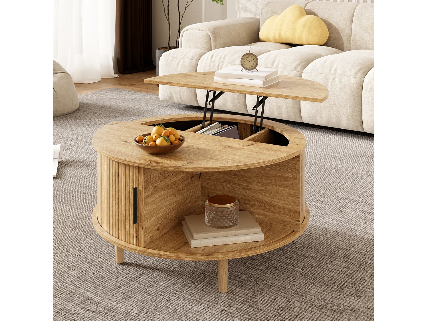 Runder Couchtisch mit Hebemechanismus für das Wohnzimmer – 80 x 80 x 59 cm – mit Schiebetür und Stauraum – MDF – natur
