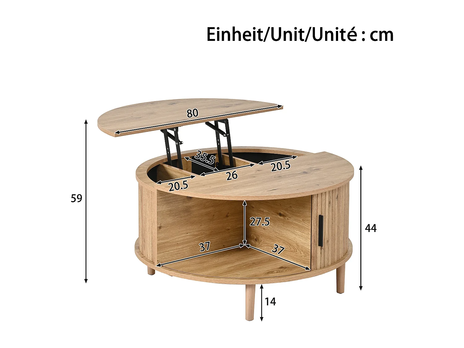 Runder Couchtisch mit Hebemechanismus für das Wohnzimmer – 80 x 80 x 59 cm – mit Schiebetür und Stauraum – MDF – natur