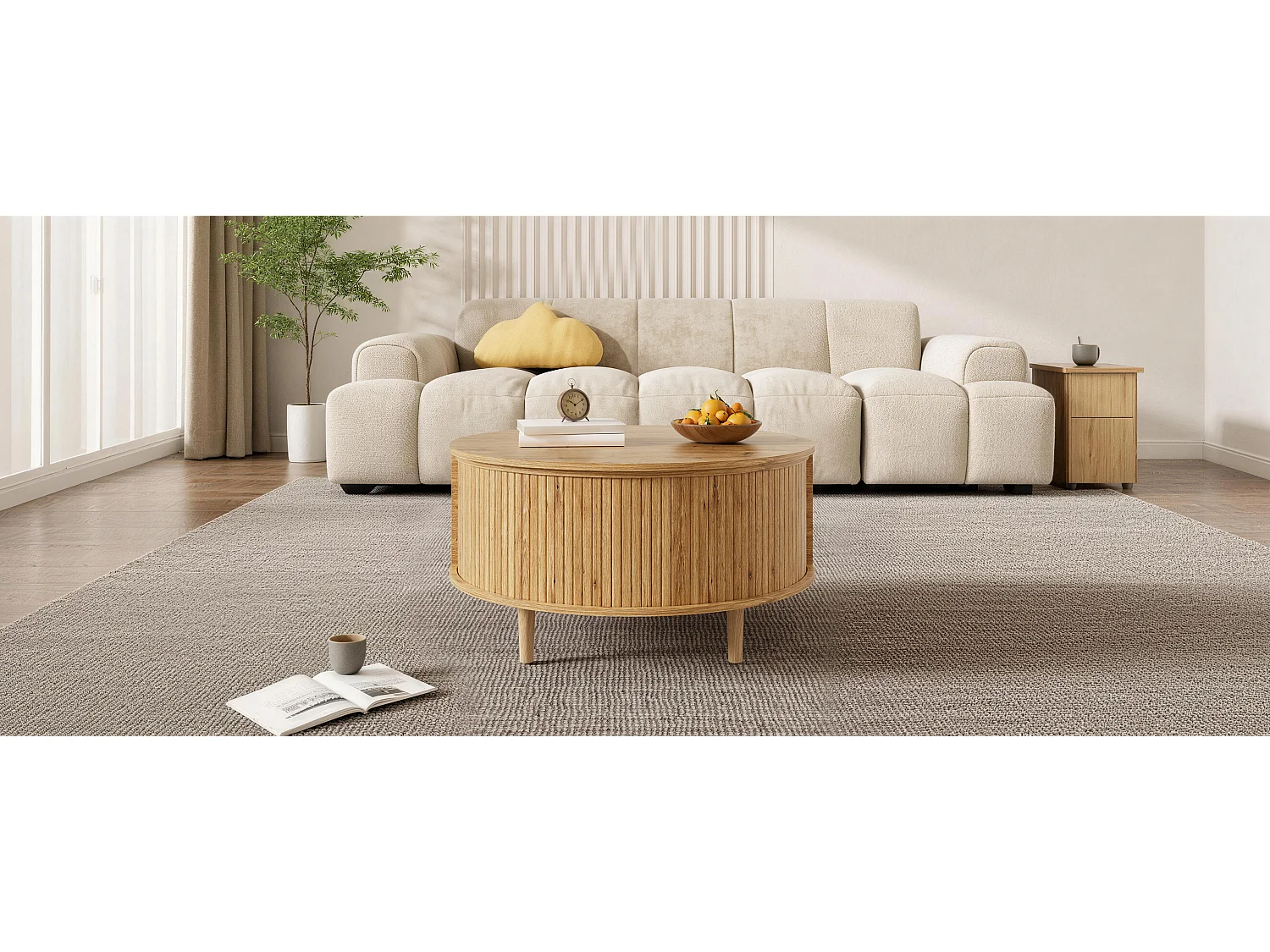 Runder Couchtisch mit Hebemechanismus für das Wohnzimmer – 80 x 80 x 59 cm – mit Schiebetür und Stauraum – MDF – natur