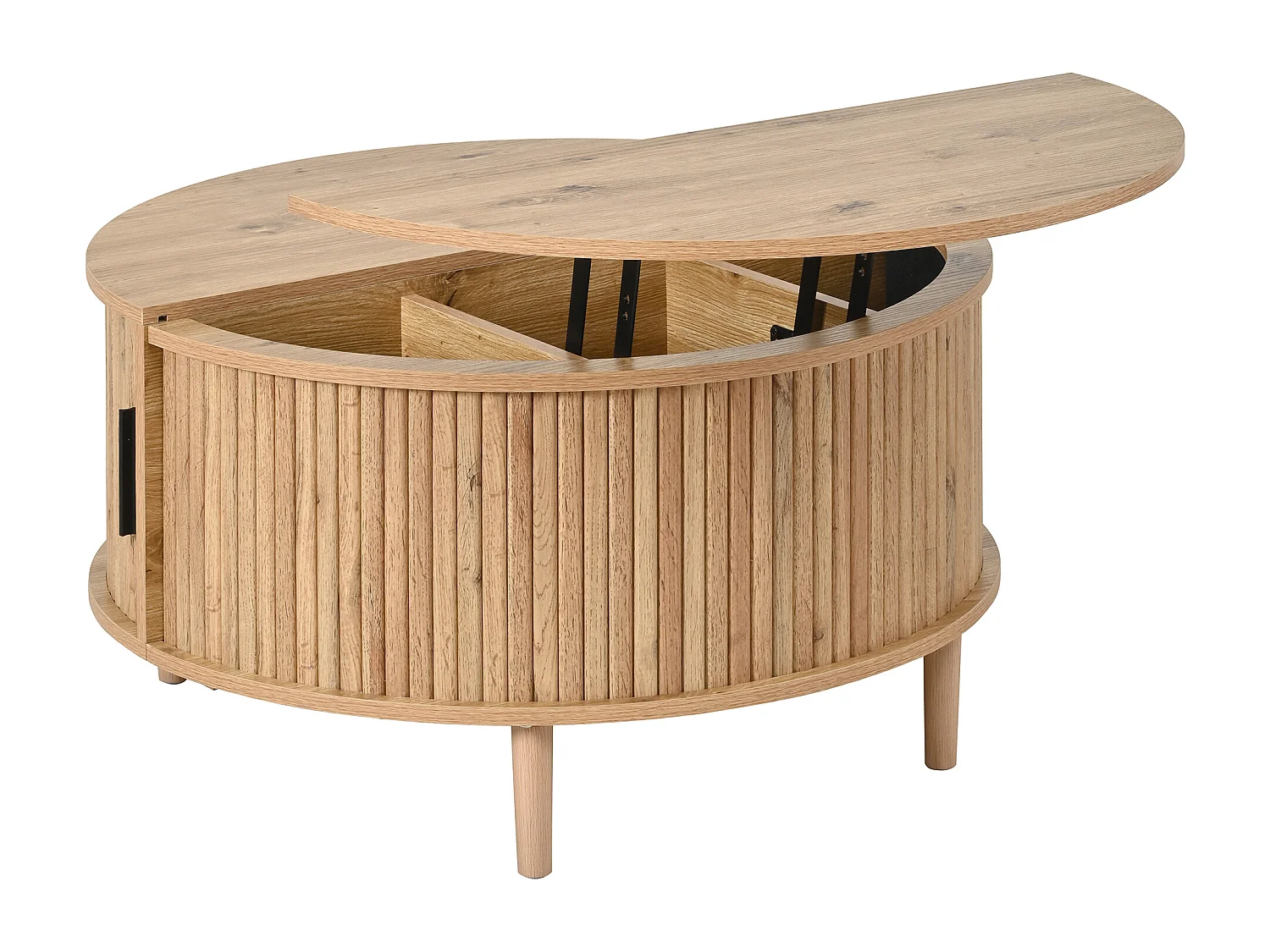 Runder Couchtisch mit Hebemechanismus für das Wohnzimmer – 80 x 80 x 59 cm – mit Schiebetür und Stauraum – MDF – natur