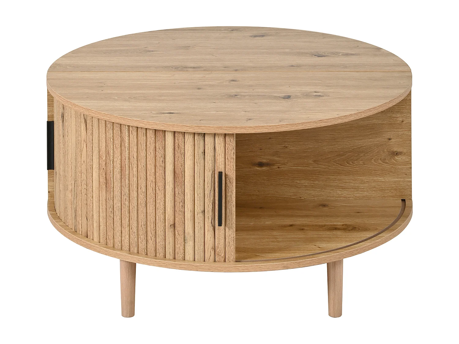 Runder Couchtisch mit Hebemechanismus für das Wohnzimmer – 80 x 80 x 59 cm – mit Schiebetür und Stauraum – MDF – natur
