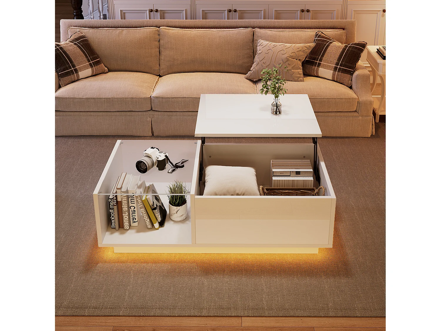 High-gloss coffee table - adjustable height - with storage + shelves - white