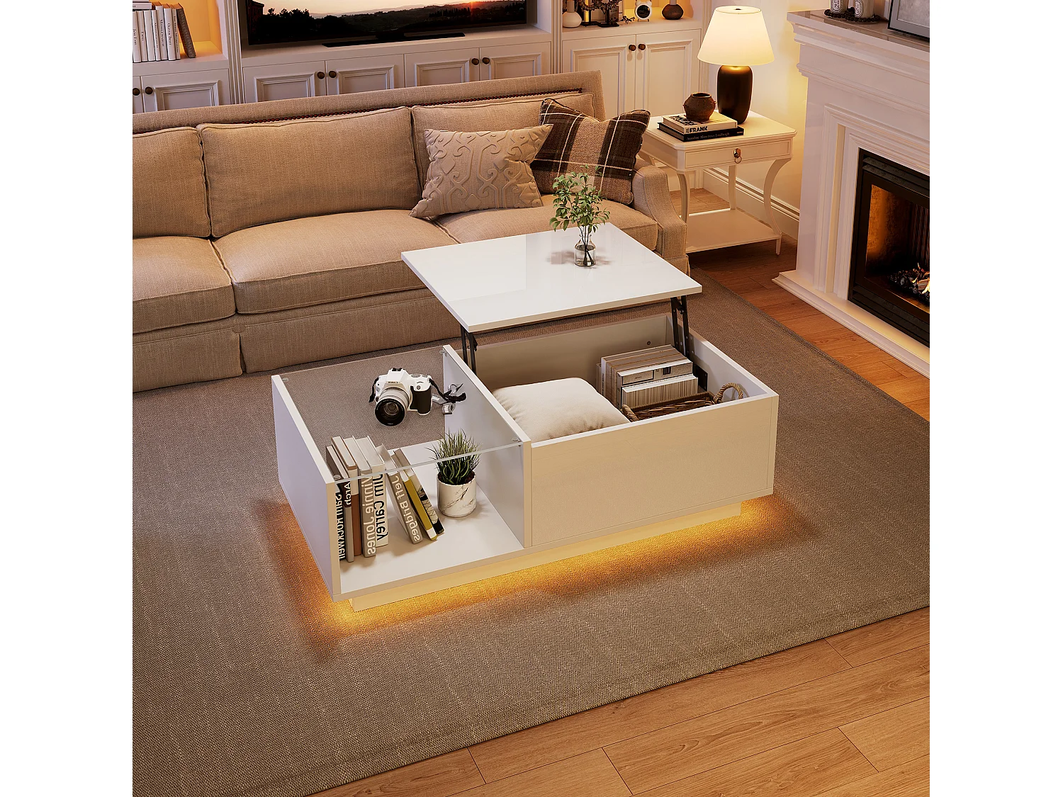 High-gloss coffee table - adjustable height - with storage + shelves - white