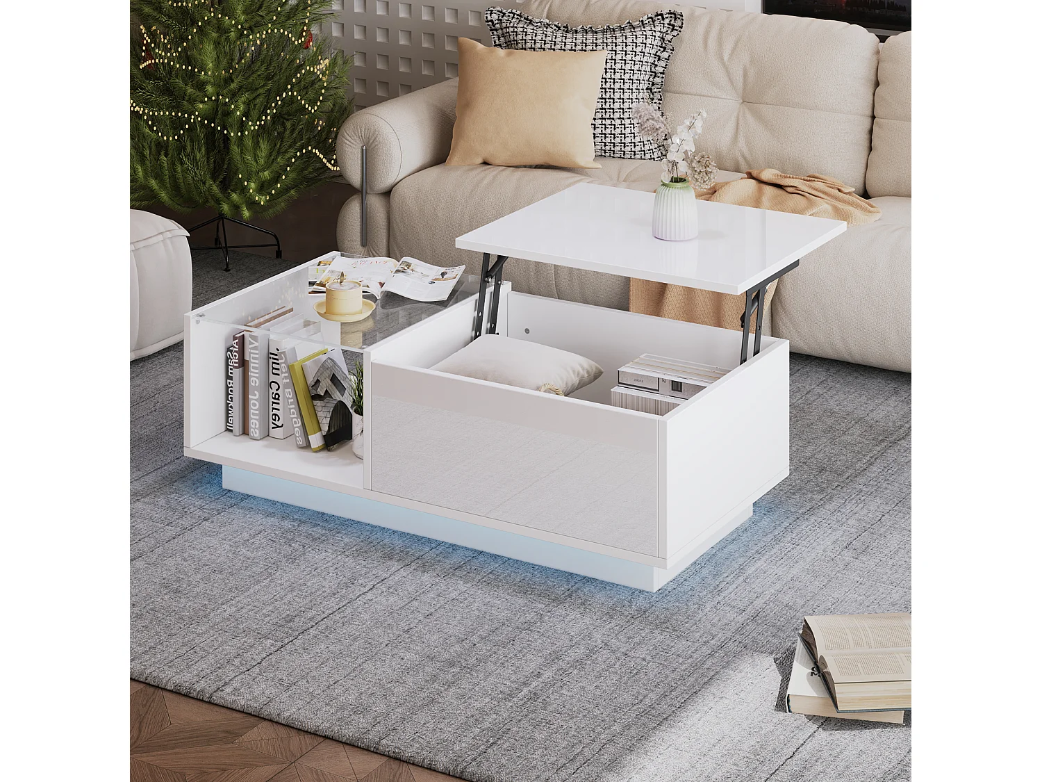High-gloss coffee table - adjustable height - with storage + shelves - white