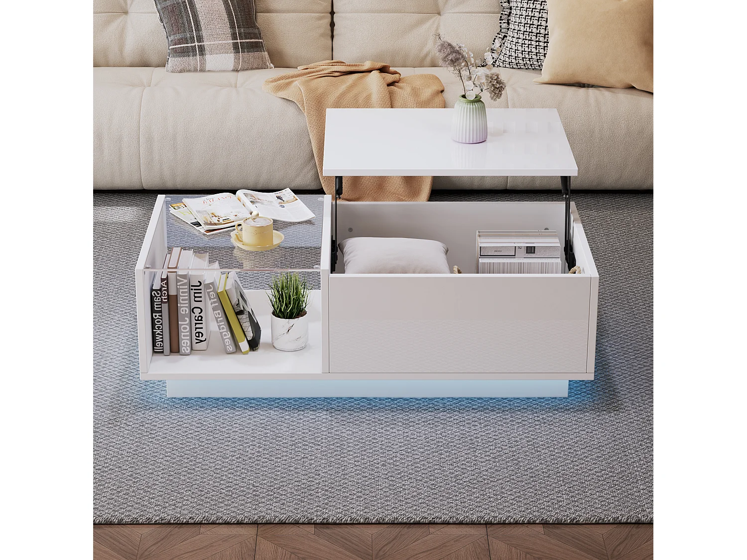High-gloss coffee table - adjustable height - with storage + shelves - white