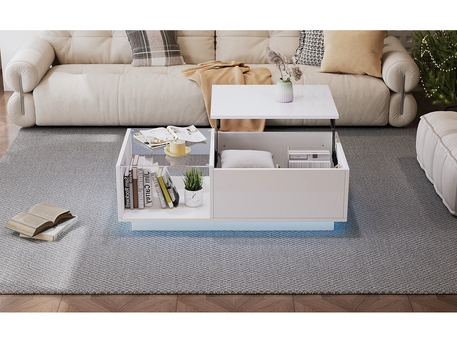 High-gloss coffee table - adjustable height - with storage + shelves - white