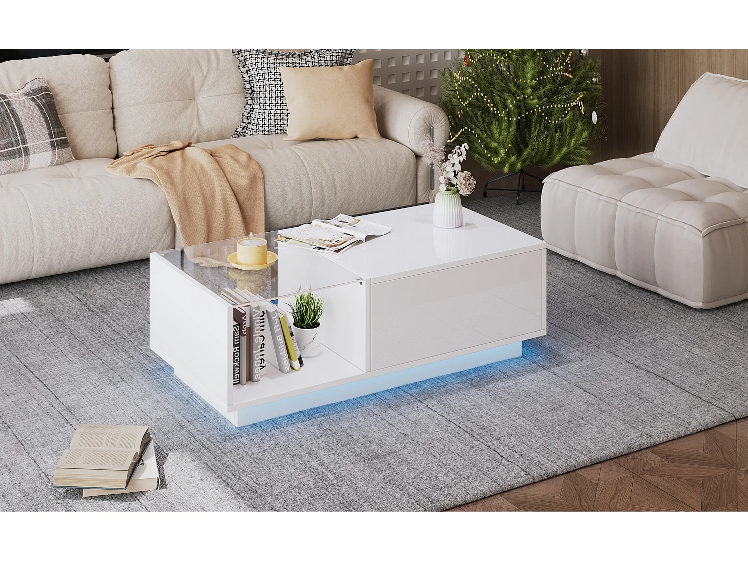 High-gloss coffee table - adjustable height - with storage + shelves - white