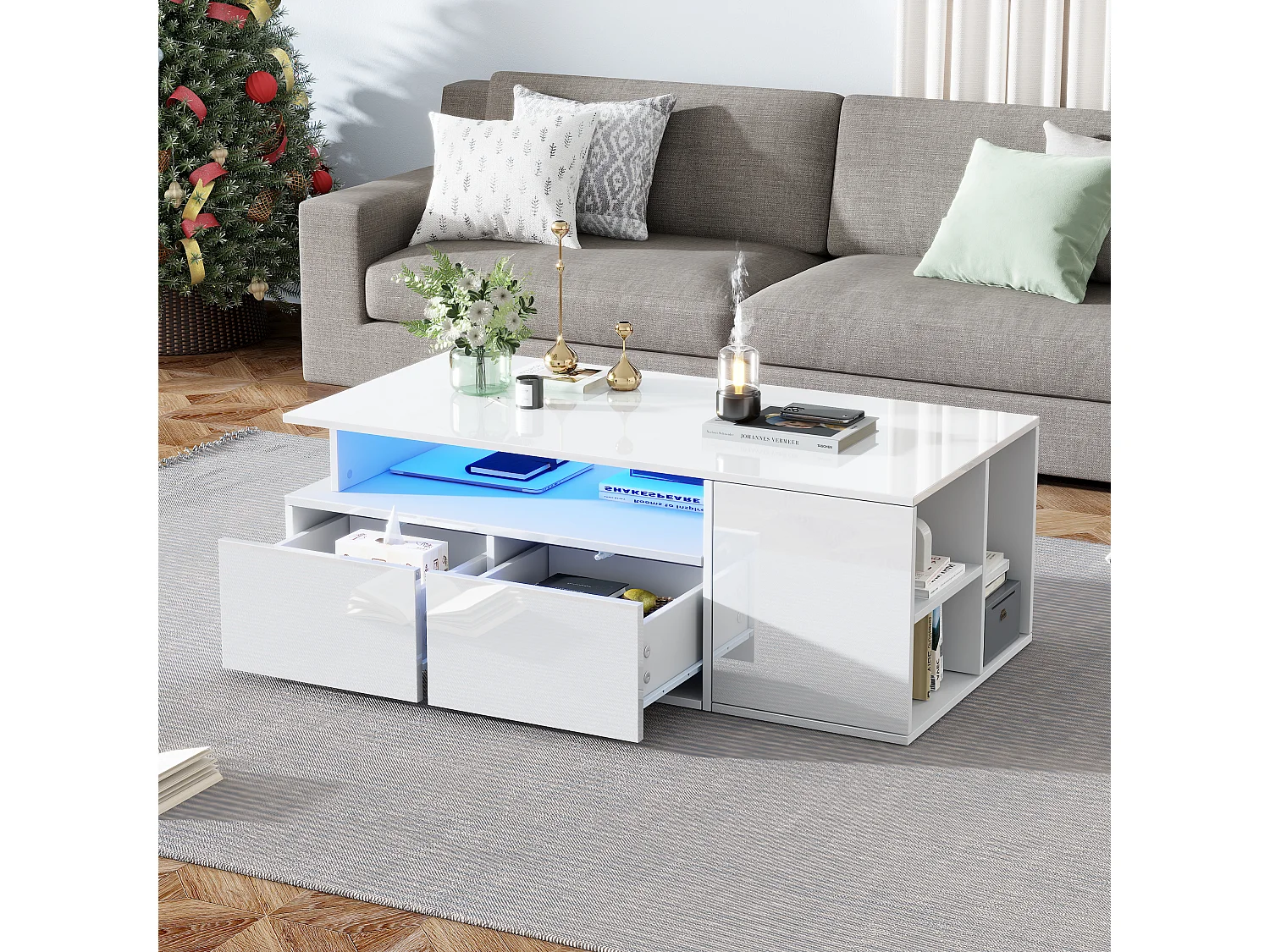 High-gloss coffee table 100x50x35cm - with LED lighting - 2 drawers - 3 storage compartments - White