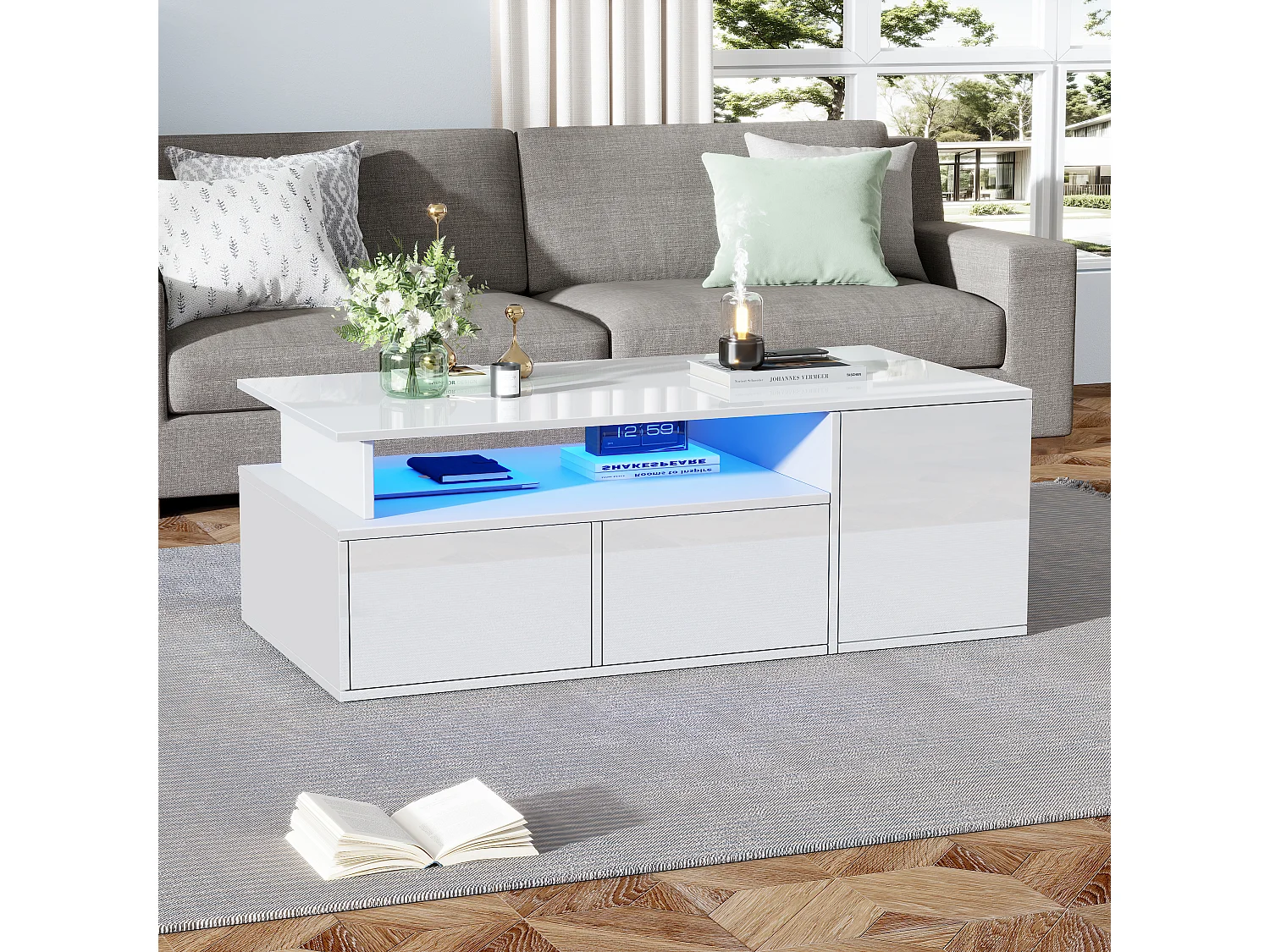 High-gloss coffee table 100x50x35cm - with LED lighting - 2 drawers - 3 storage compartments - White