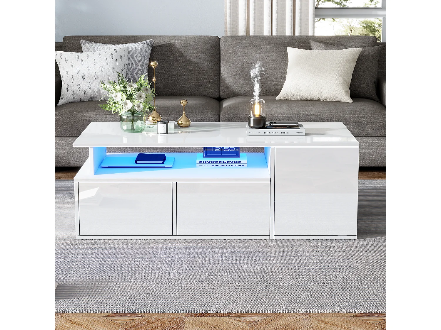 High-gloss coffee table 100x50x35cm - with LED lighting - 2 drawers - 3 storage compartments - White