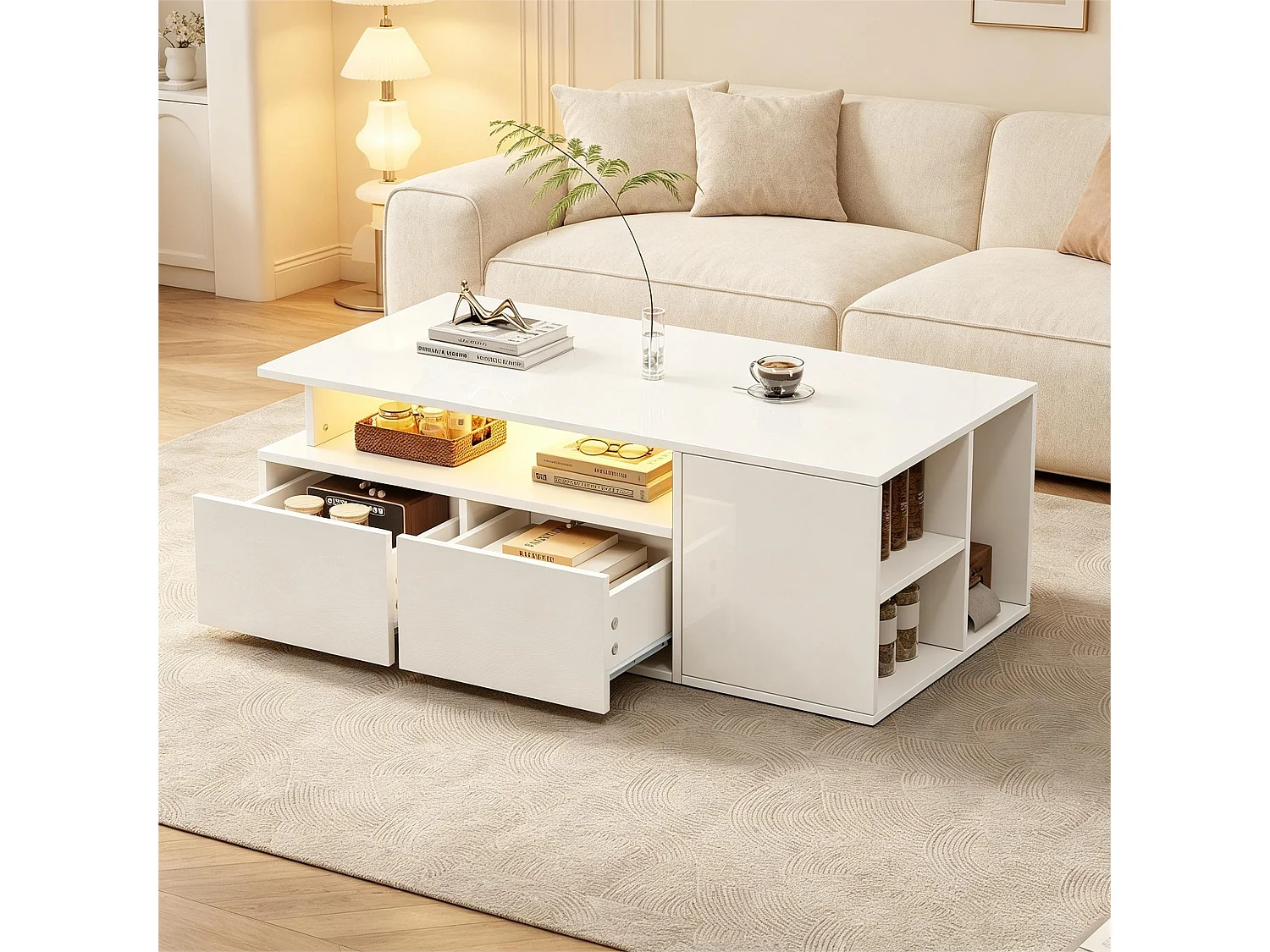 High-gloss coffee table 100x50x35cm - with LED lighting - 2 drawers - 3 storage compartments - White