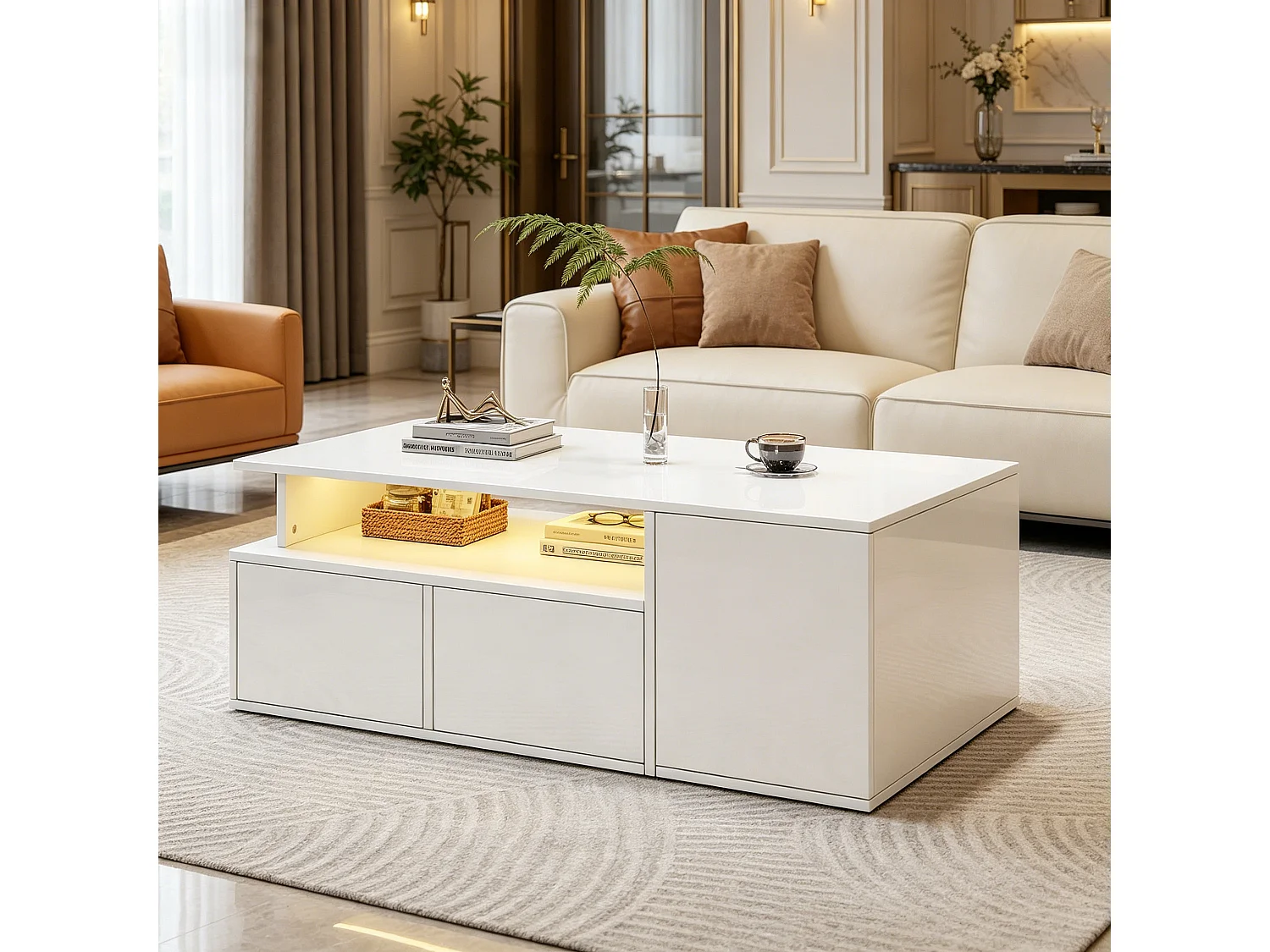High-gloss coffee table 100x50x35cm - with LED lighting - 2 drawers - 3 storage compartments - White