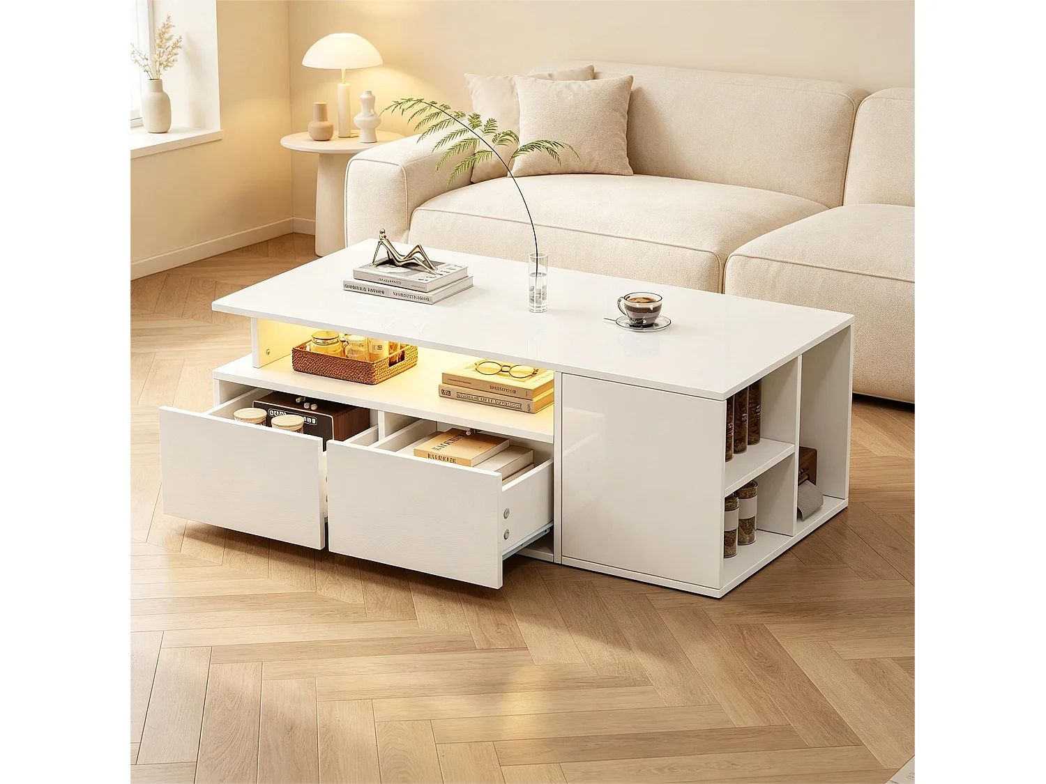 High-gloss coffee table 100x50x35cm - with LED lighting - 2 drawers - 3 storage compartments - White