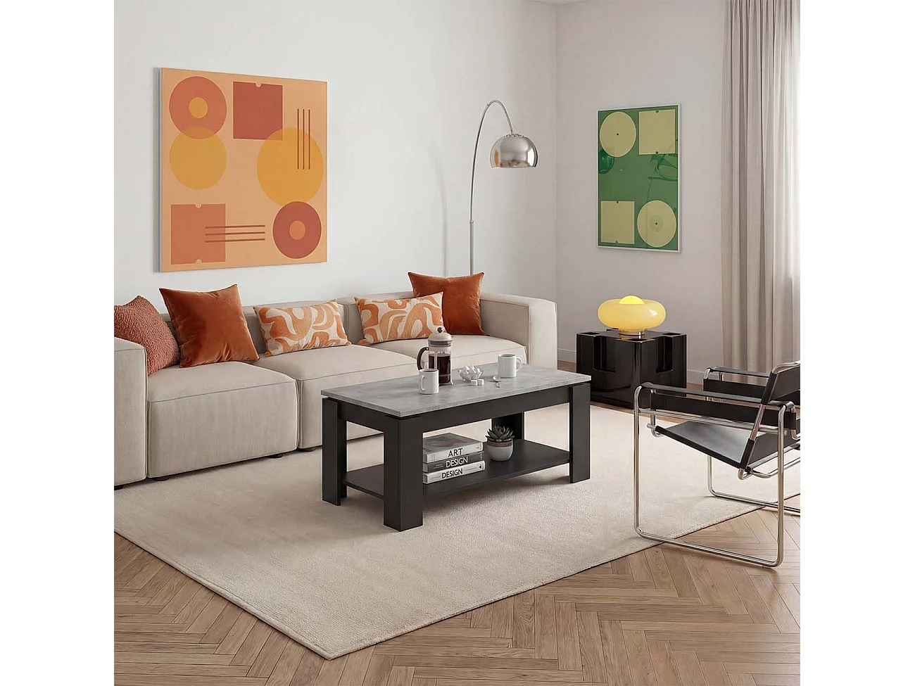 Mesa de centro elevatória Lya Negro Mate - Gris Cemento