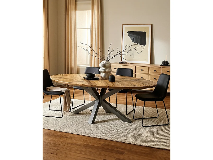Apogée - Table salle à manger ovale, Plateau en Manguier à Chevrons & Pied Étoile en Métal