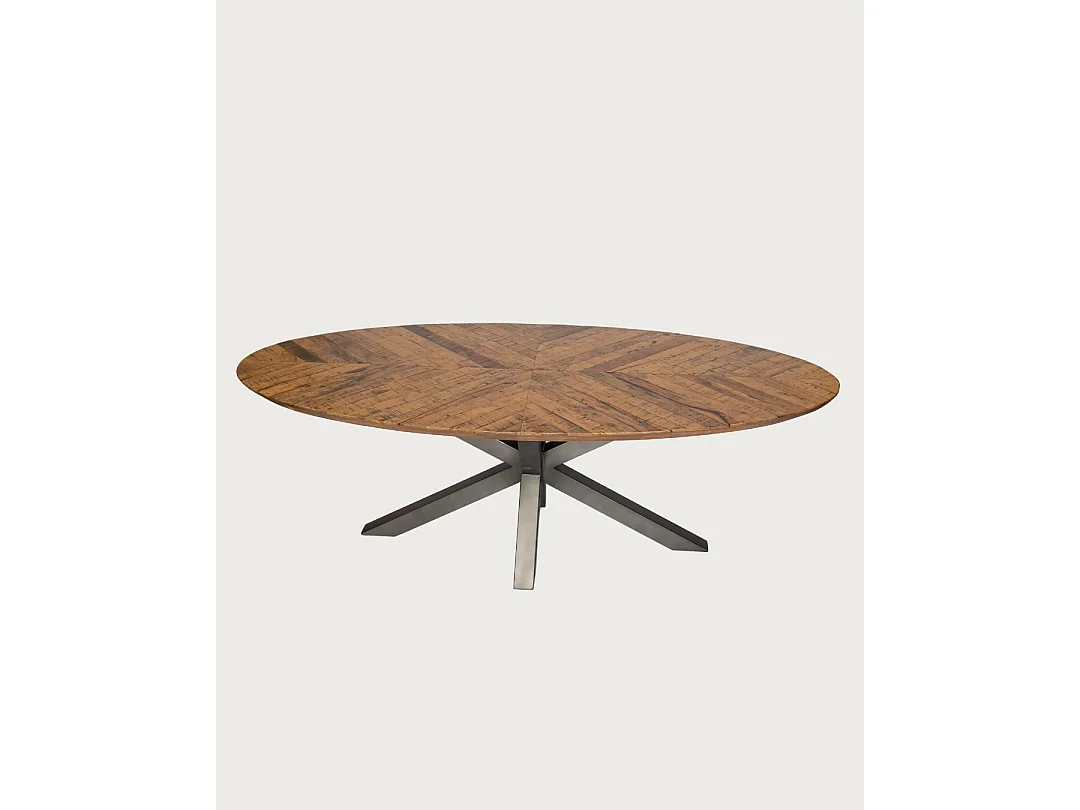 Apogée - Table salle à manger ovale, Plateau en Manguier à Chevrons & Pied Étoile en Métal